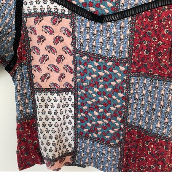Topshop Blouse Colorful Patchwork Short Sleeve Top Boho Multicolor Pattern Small - Picture 3 of 8